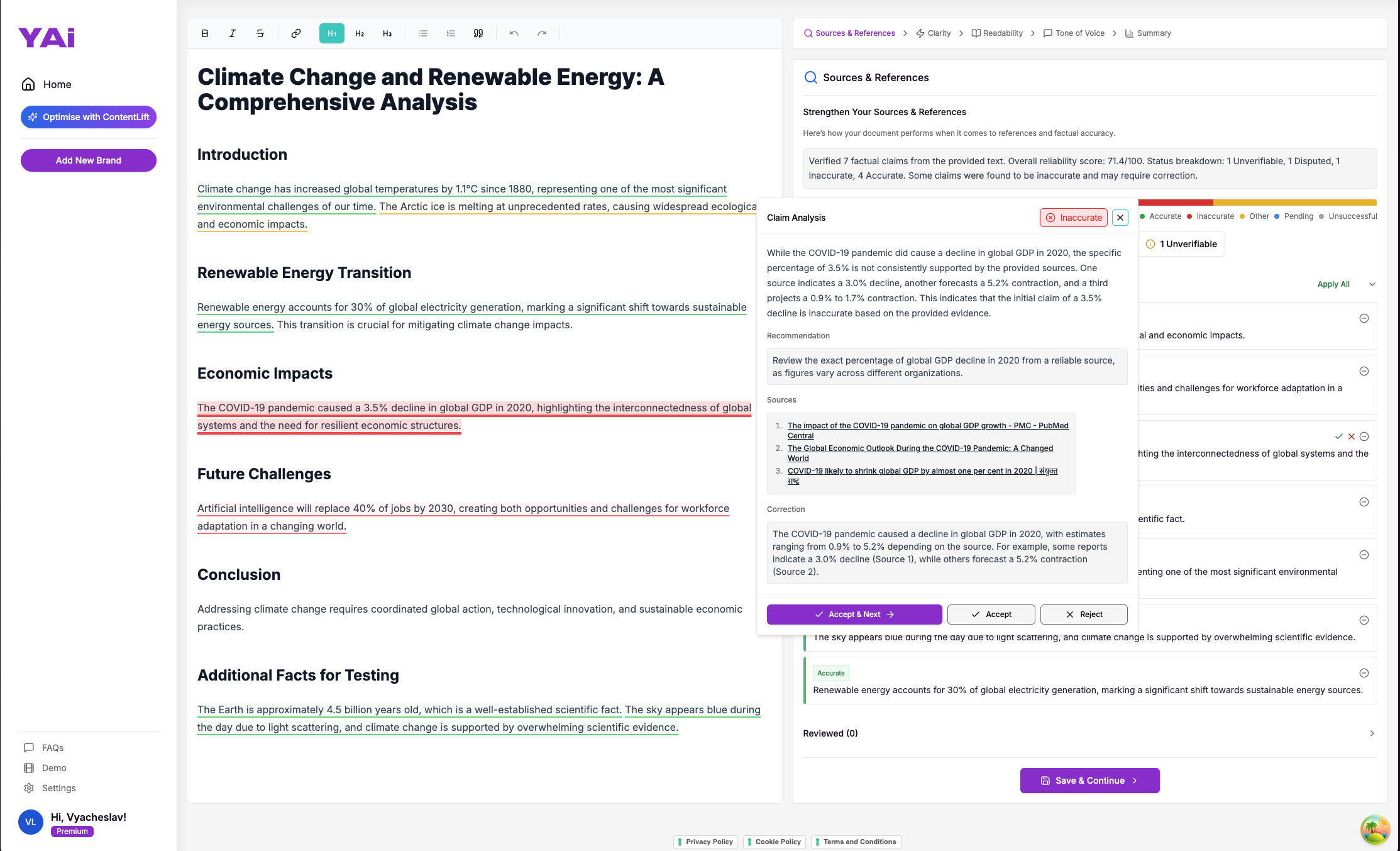 ContentLift™ interface showing content verification dashboard with fact-checking results, brand alignment scores, and readability metrics displayed in a modern web application layout